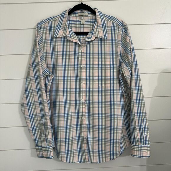 LL Bean Womens Large Button Down Shirt Long Sleeve Plaid Pink Blue Wrinkle Free - Picture 1 of 5